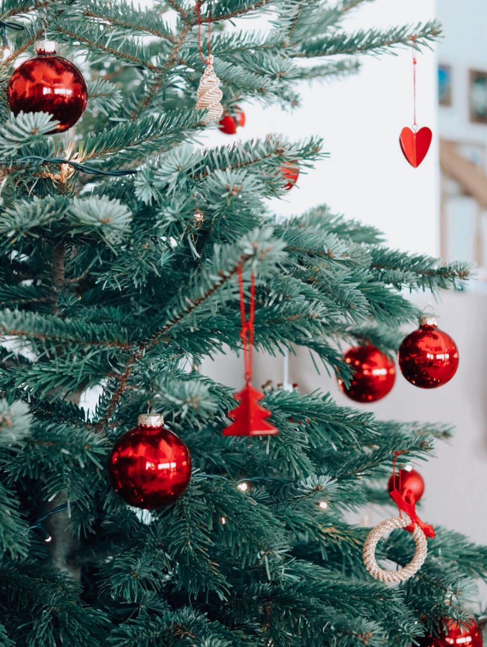 Part of christmas fir tree with red bauble decorations hanging from it, and a red heart and red tree decoration also hanging from it'ts branches.