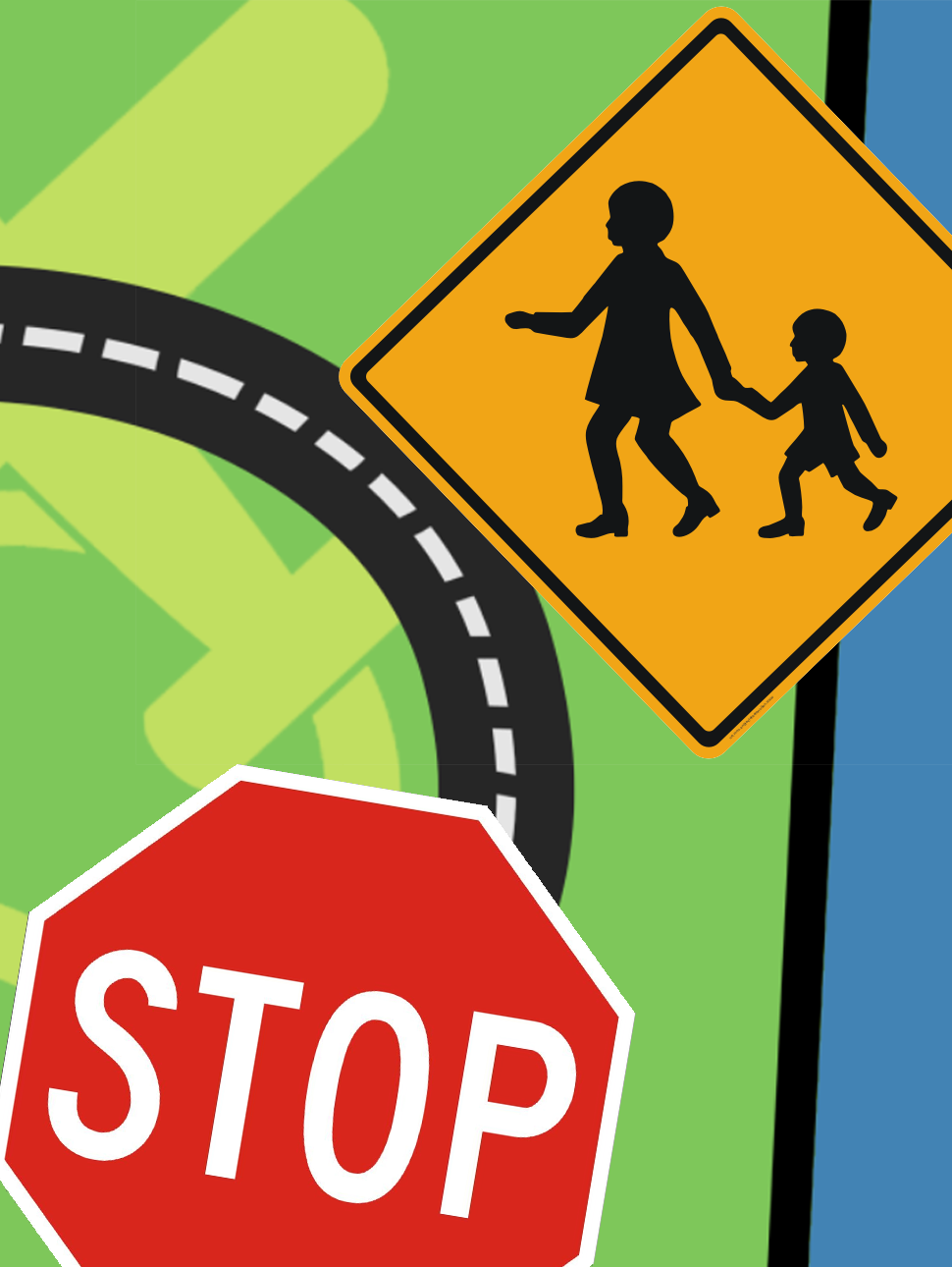 a collage of illustrated traffic signs on a road backdrop