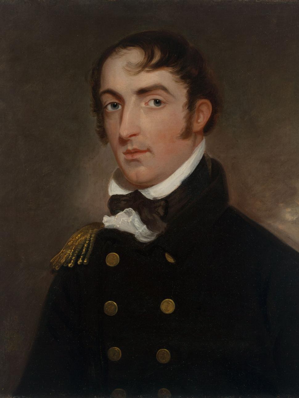 Old painting of a man looking at your without smiling, he has pale skin and dark hair and sideburns, wearing a high white collar and double breasted black jacket.  Painted against a brown background.