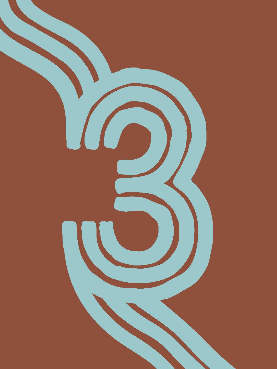 Brown tile with the number three make from three blue lines sits centrally