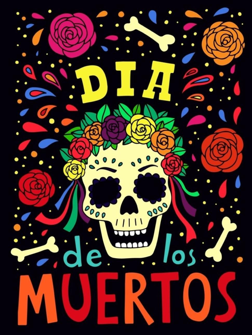 A colourful traditional design for the Mexican Day of the Dead. A calavera is at the center of the illustration wearing traditional markings and flowers . Surrounding the calavera is images of bones , roses, teardrops and dots along with the words 'Dia de los Muertos'.