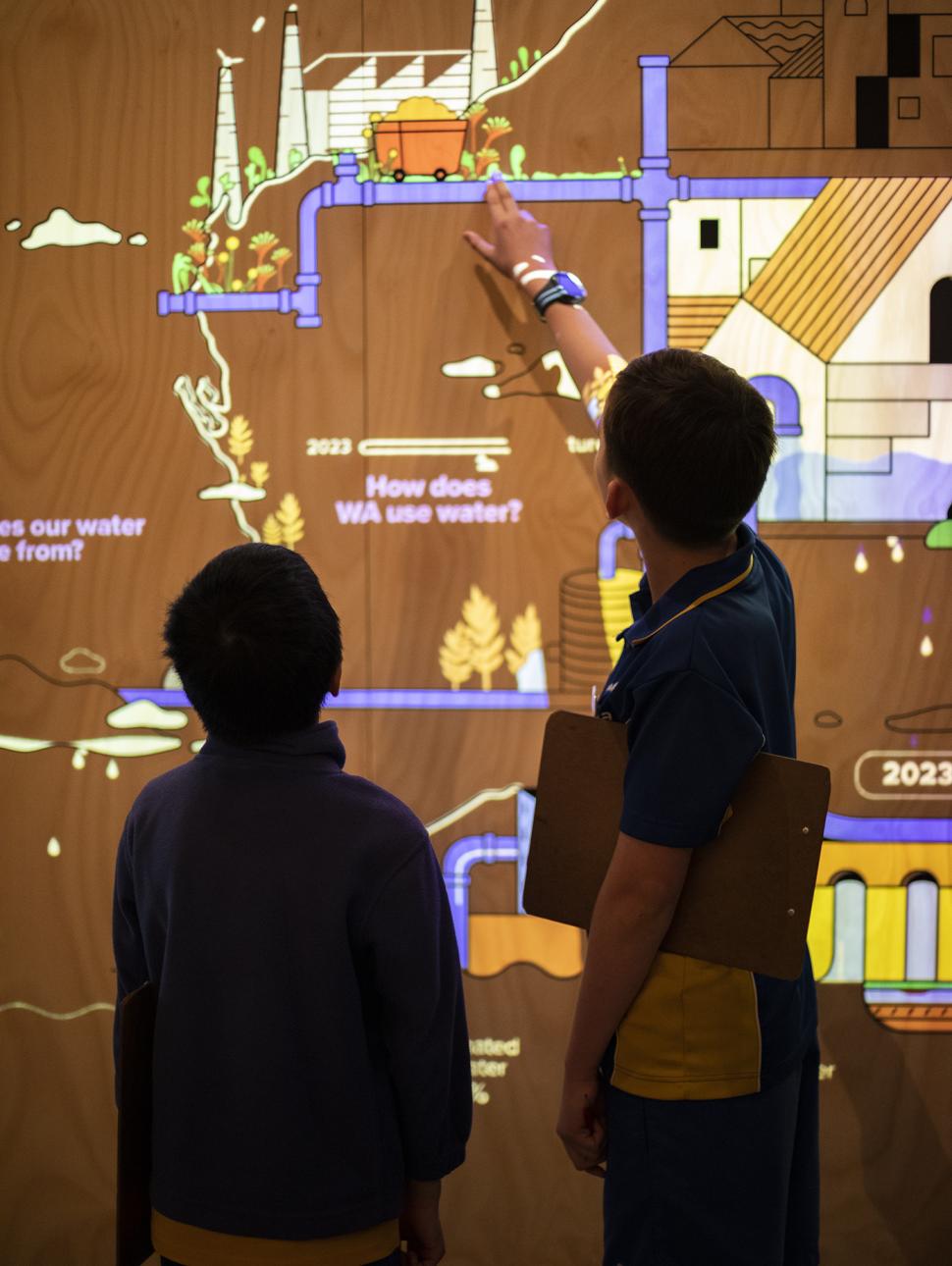 Two boys stand with their back turned, pointing to the wall with projected lights moving on it