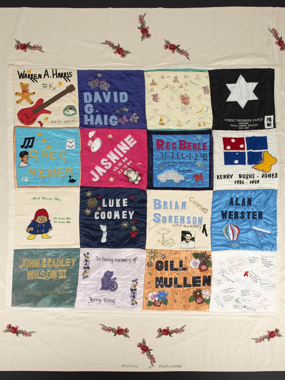 Image of 1 of 2 WA AIDS Memorial Quilts. It is a atchwork 16 panels, each dedicated to one or more people who were affected by the AIDS pandemic.