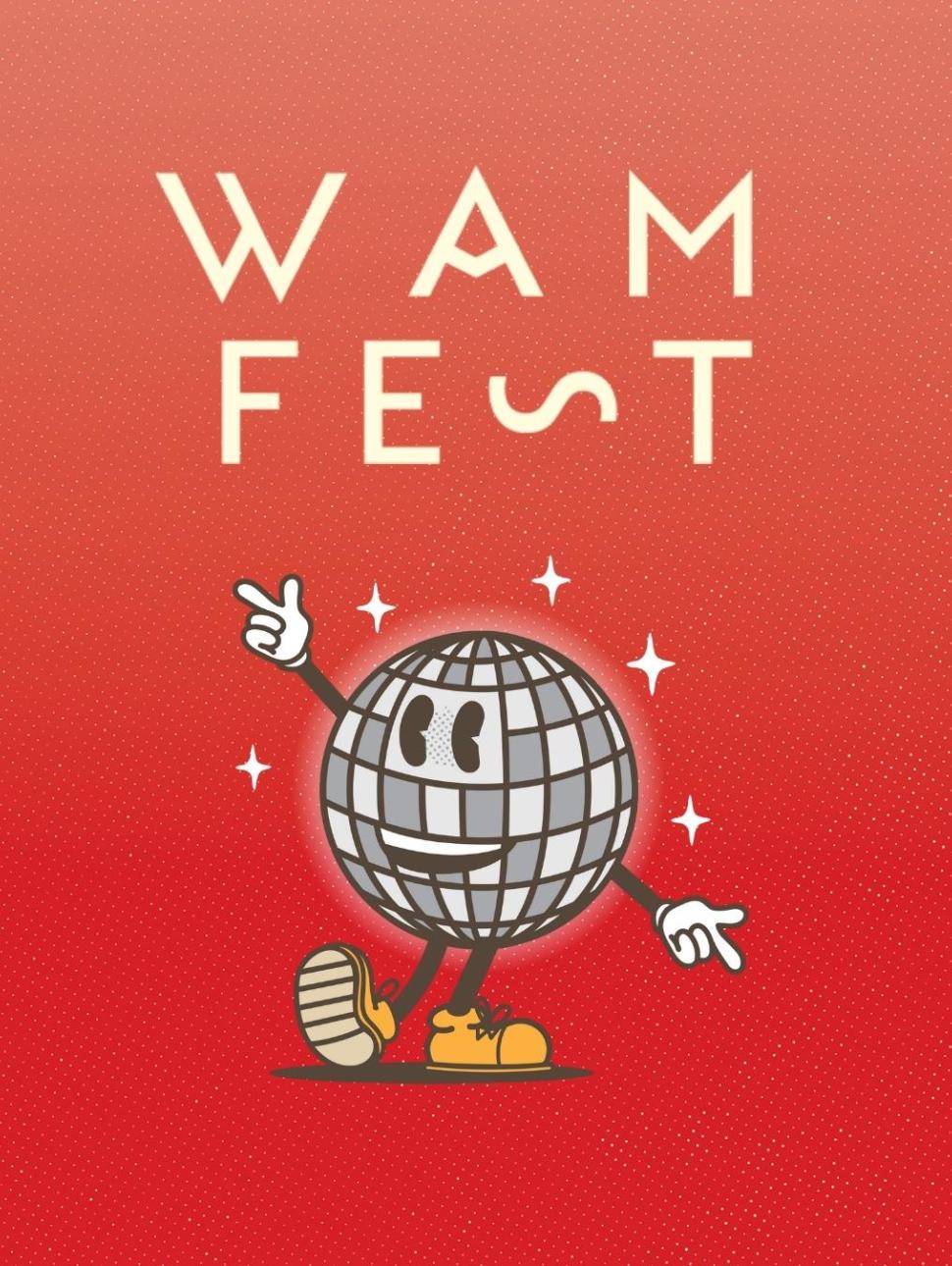 A rest poster promoting WAM FEST, featuring a cartoon disco ball with yellow shoes striking a funky disco pose and smiling