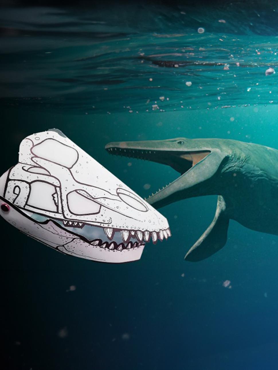 a white paper long skull in the foreground and in the background is a water and a depiction of what the mosasaur may have looked like when alive and swimming