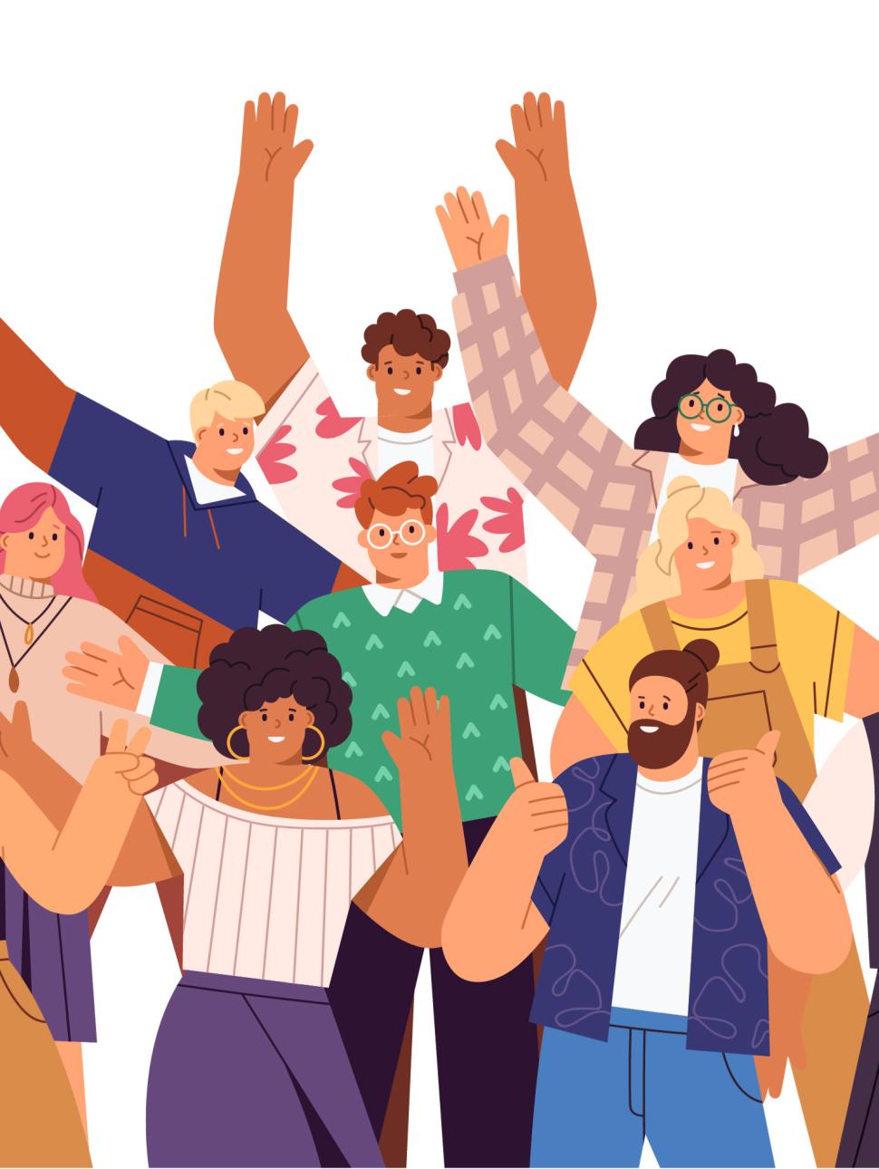 An illustration of 10 cartoon style people in a group holding their hands up with joy