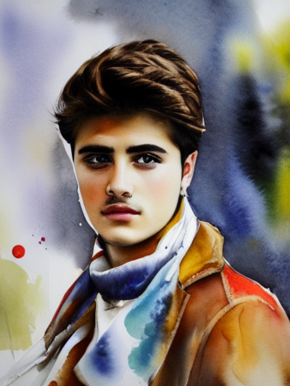 An AI rendition of a person standing midscreen. the person is young with short thick brown hair, thick eyebrows and a hint of a moustache. They are looking into the distance. They are wearing a white scarf and brown coat. background colours are bright and applied in a watercolour treatment   