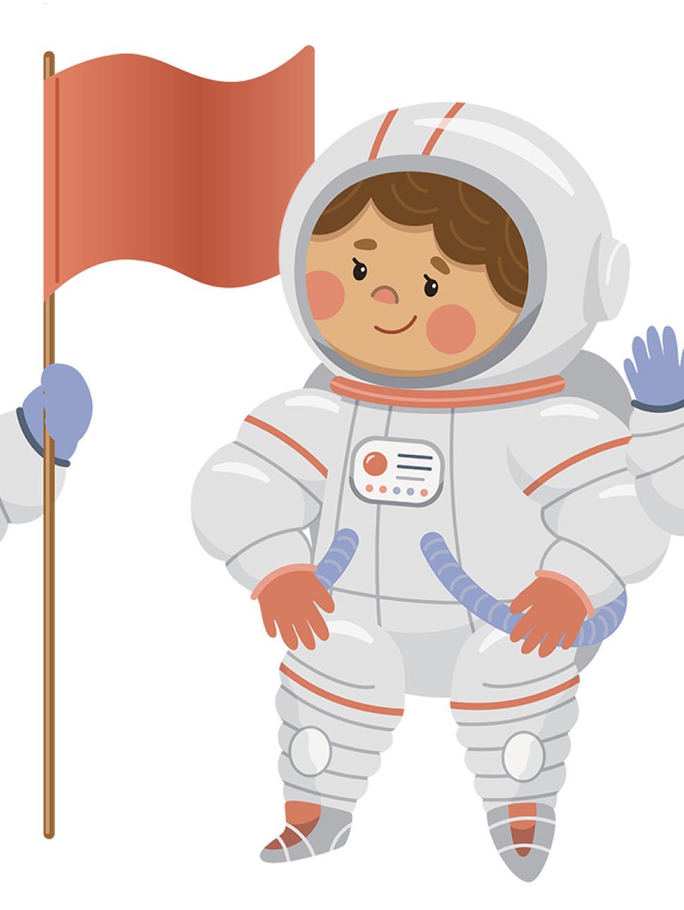 an illustration of astronauts in protective clothing with one holding a flag