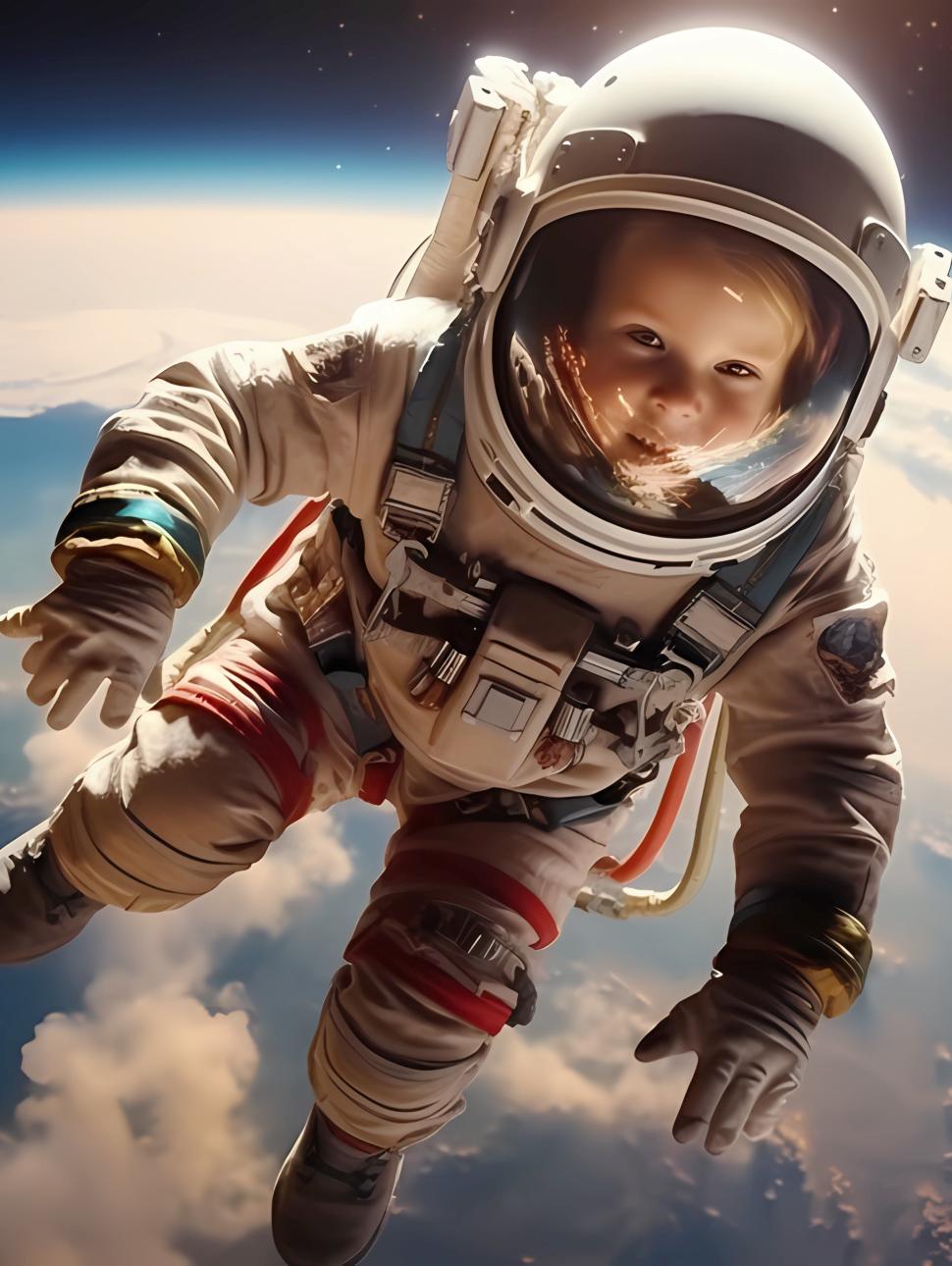 An AI generated image of a young boy with blonde hair in a small astronauts suit free-floating above the brightly lit earth