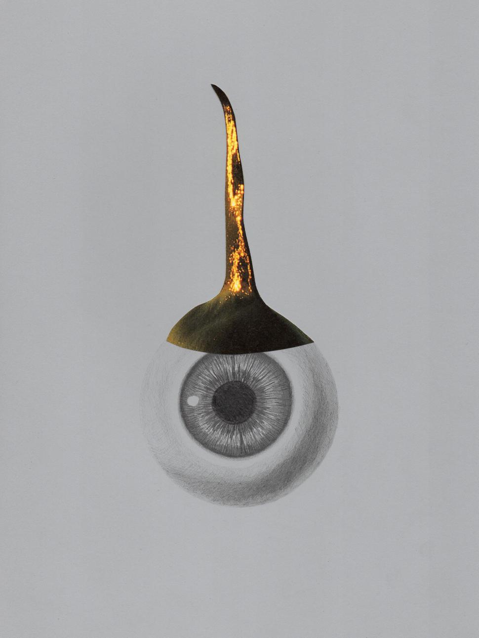 a drawn eyeball with a golden organic strip at the top of the eyeball extending up to a point