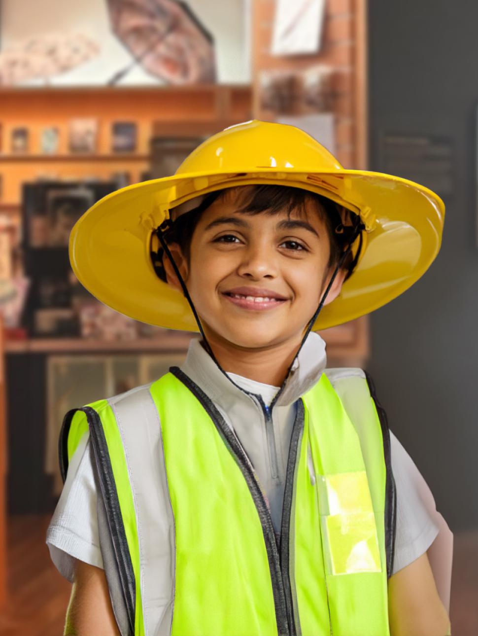 A young boy wears a yellow hard hat, a high visibility vest and smiles. They are standing in the Museum gallery entrance