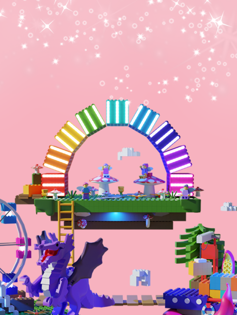 An animated scene with a pink background and items made from play bricks like clouds, ferris wheel, a rainbow, muchrooms, dragons and playgrounds