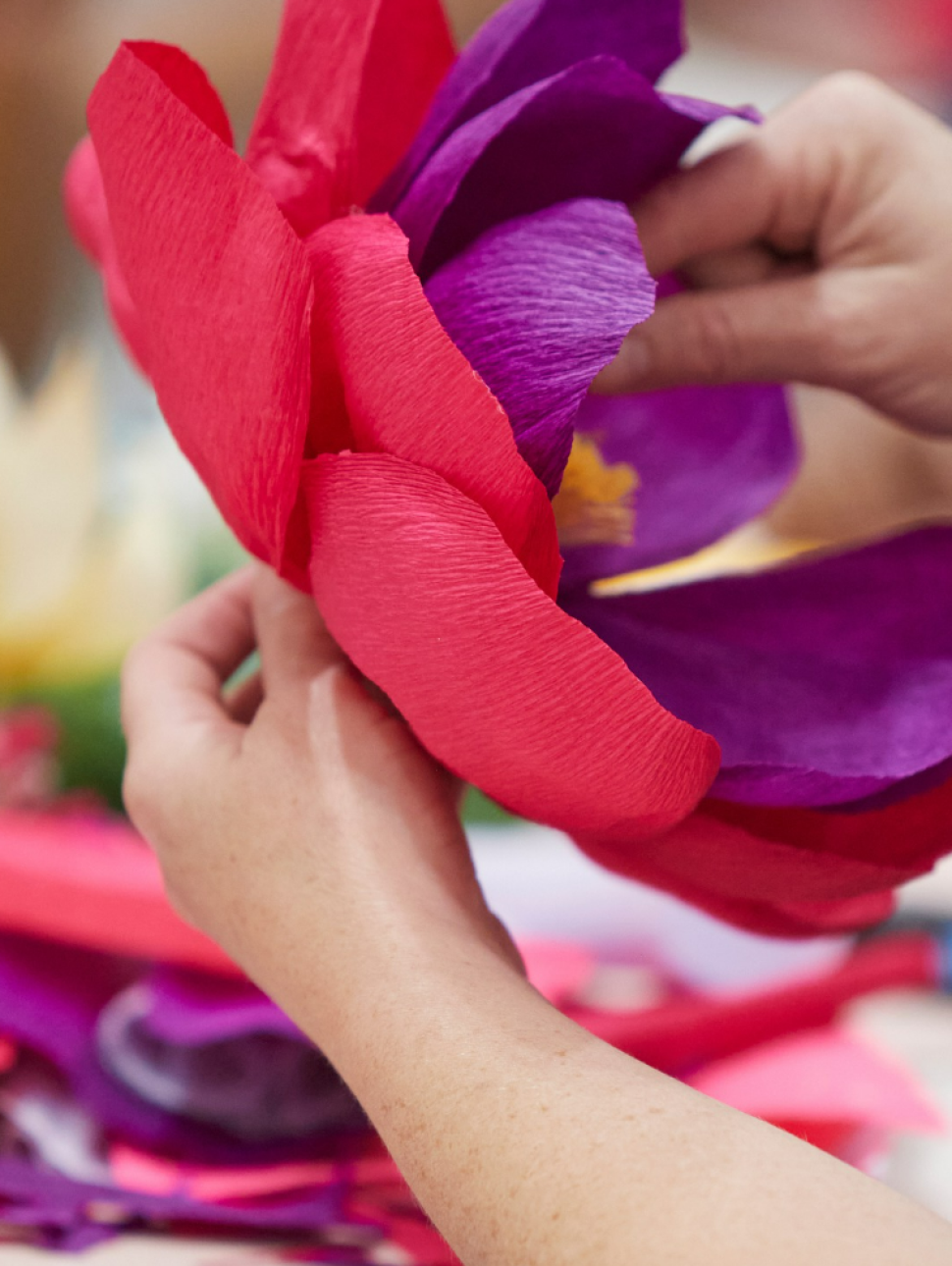 Detail view of hands crafting a paper flower.