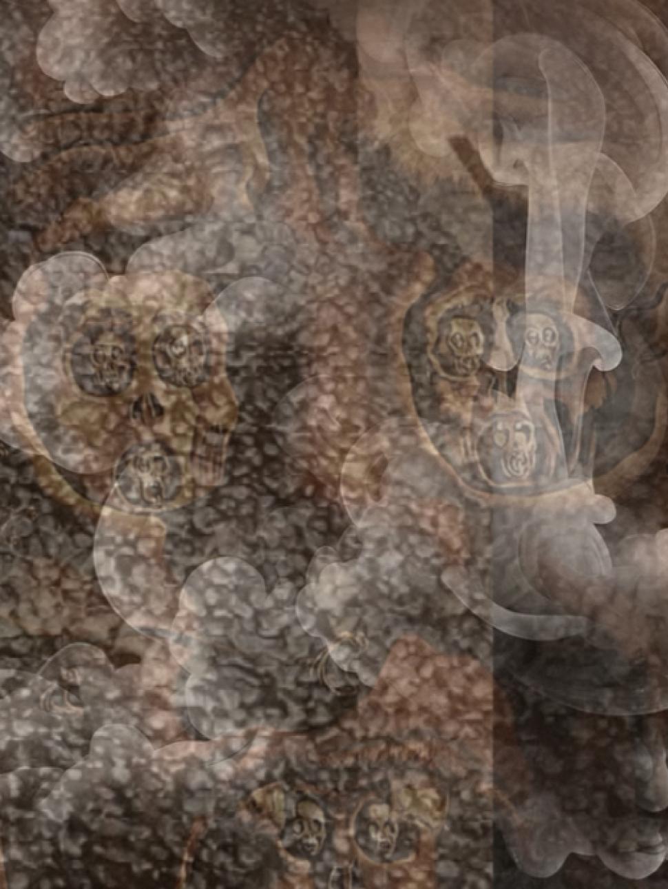 A styalistic image of a cloud of smoke imposed over a brown image of skulls and faces