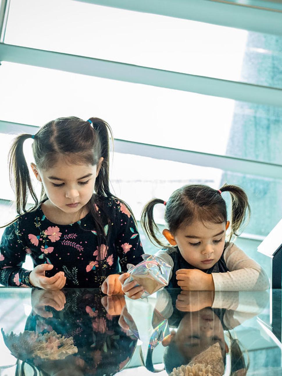 two young children look intently in display cases
