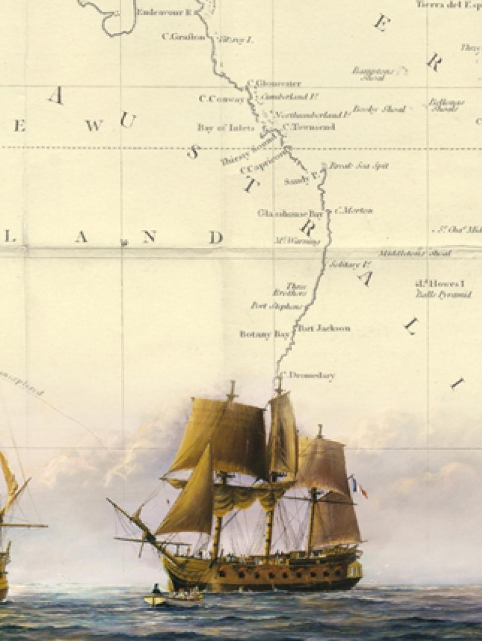 a drawing of two 19th century boats with a map of Australia in the bakground