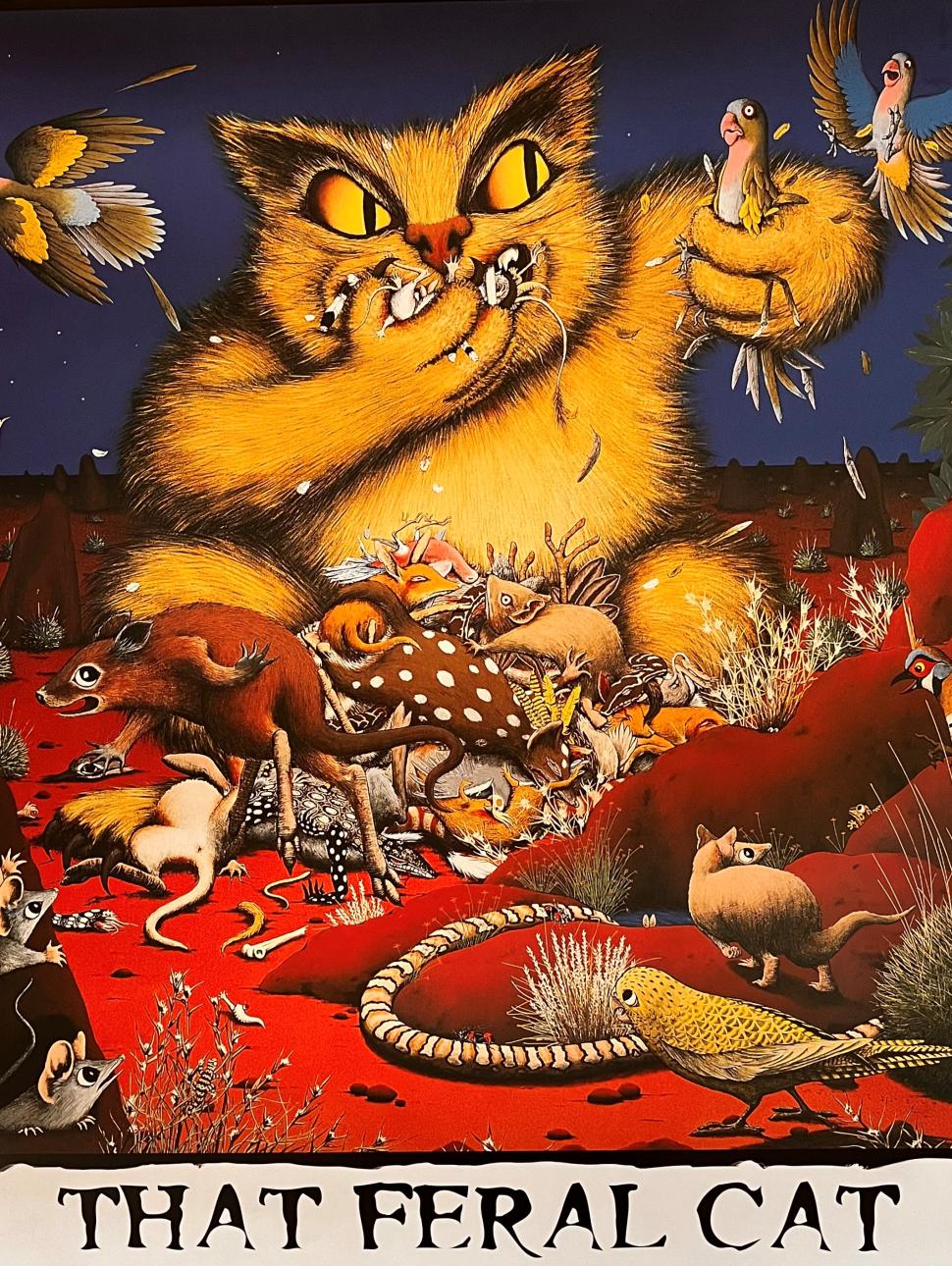 an illustrated drawing of a feral cat having a meal