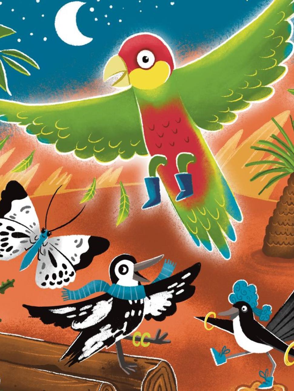 A illustration of a rosella bird on a red dirt landscape with a starry sky above.
