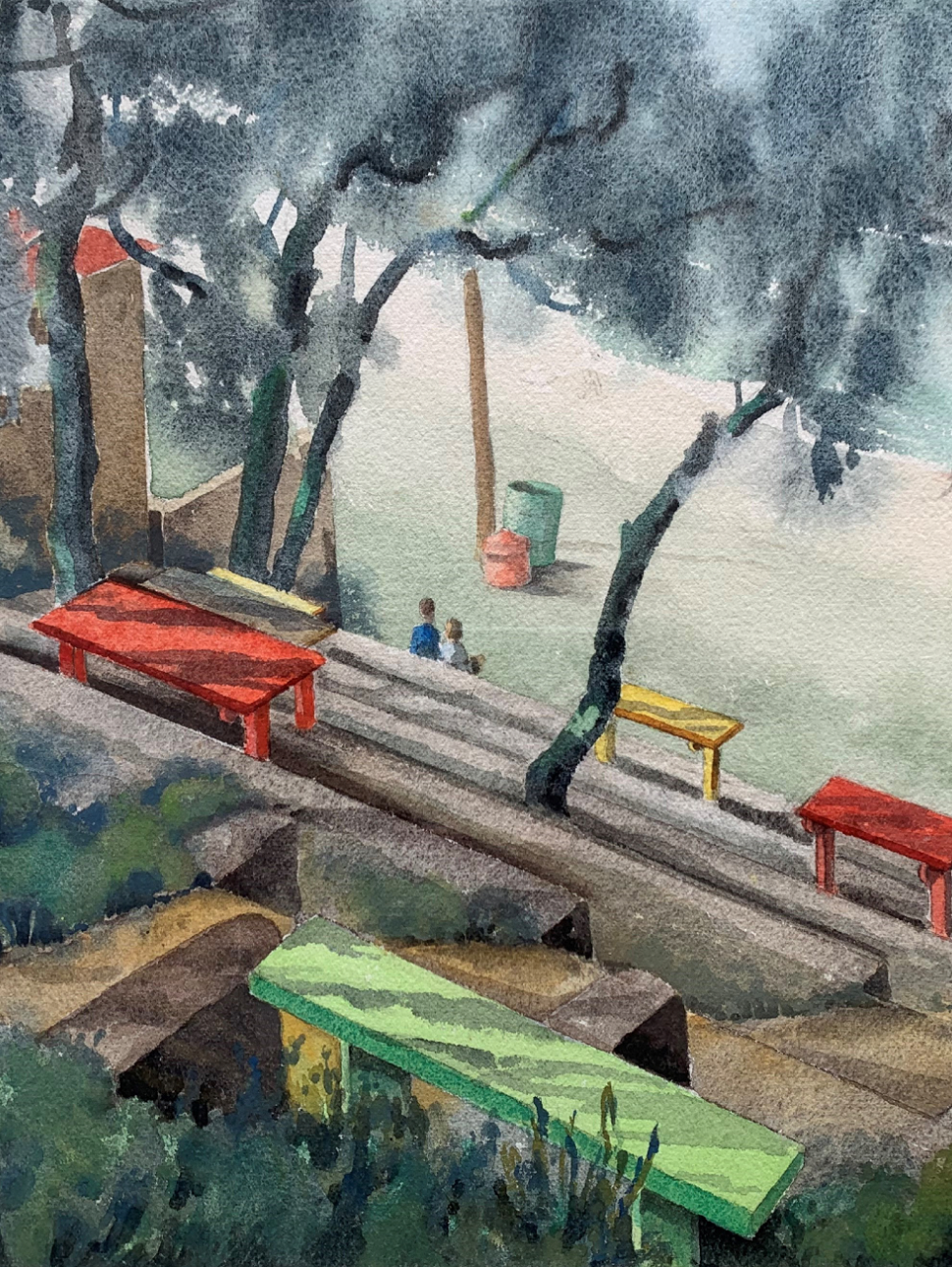 watercolour artwork depicting outdoor coloured benches on stepped down tiers amongst trees