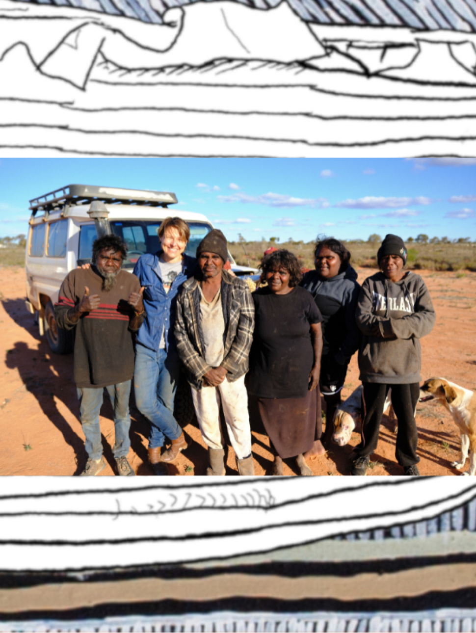 Group of six people standing in front of a car in the desert