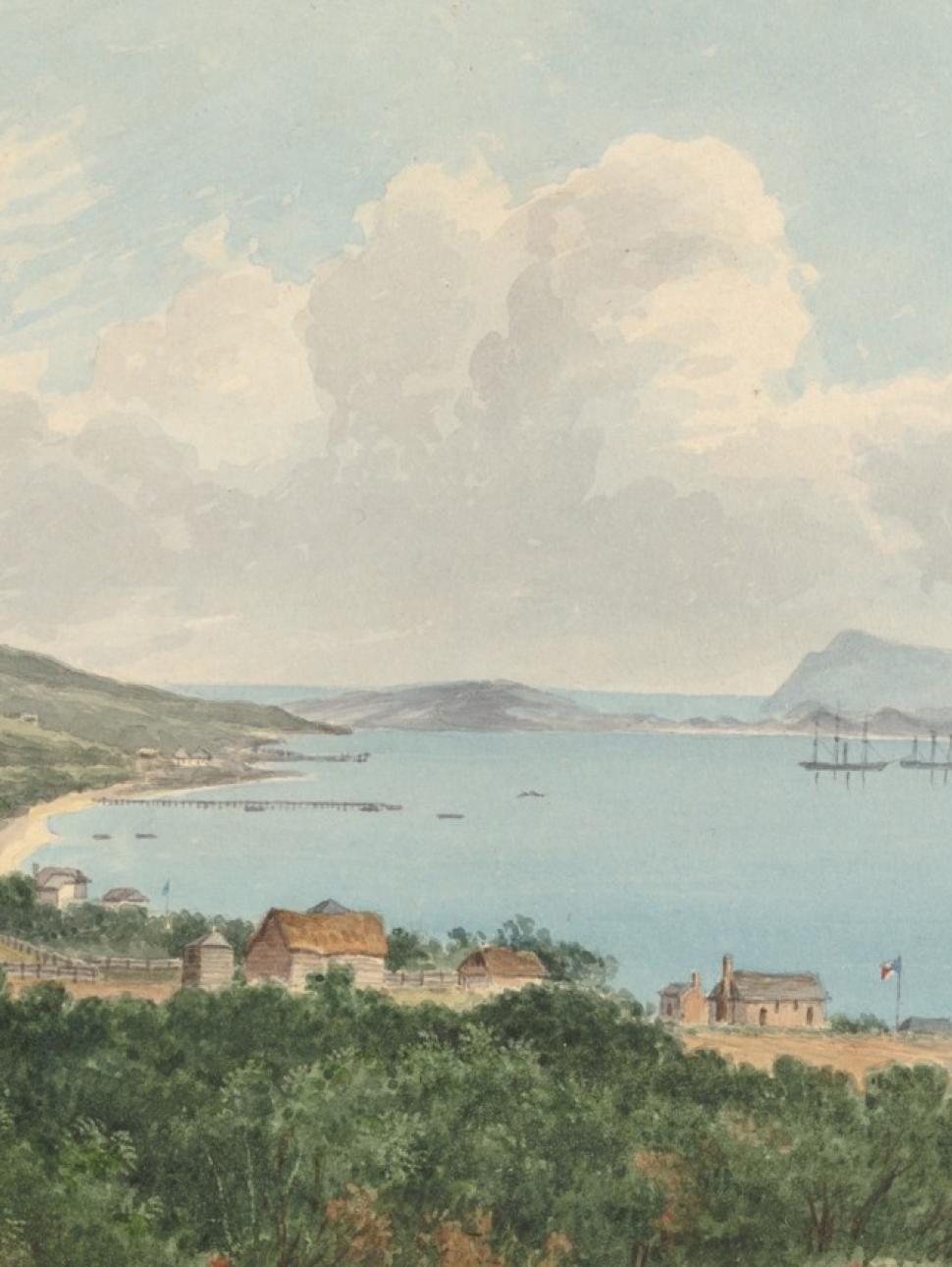 a illustrated drawing of King George sound landscape with water inlet