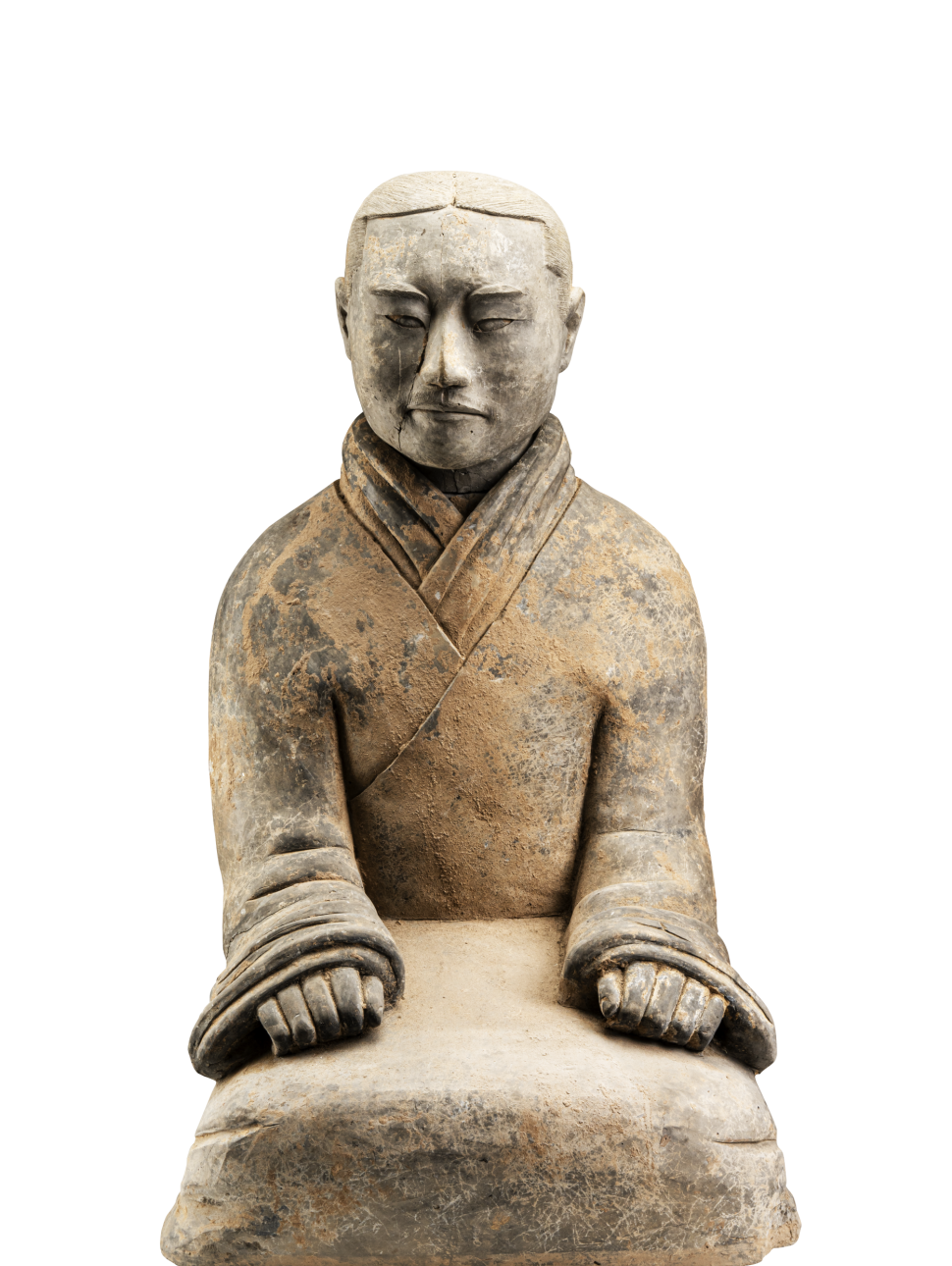 Terracotta attendant seated with hands on knees