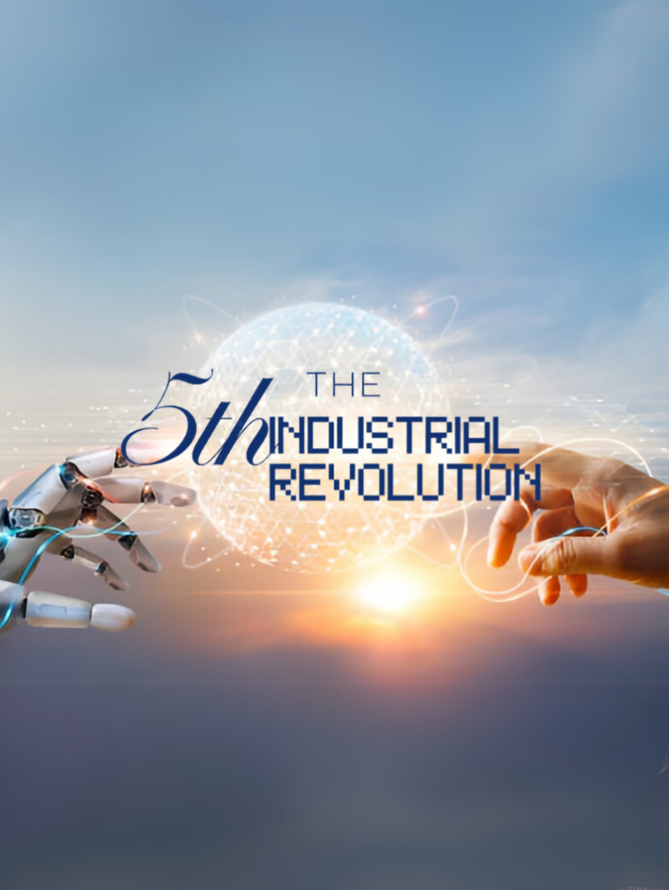 A promotional graphic for "A Night of Innovation" featuring robotic and human hands reaching toward a digital globe.