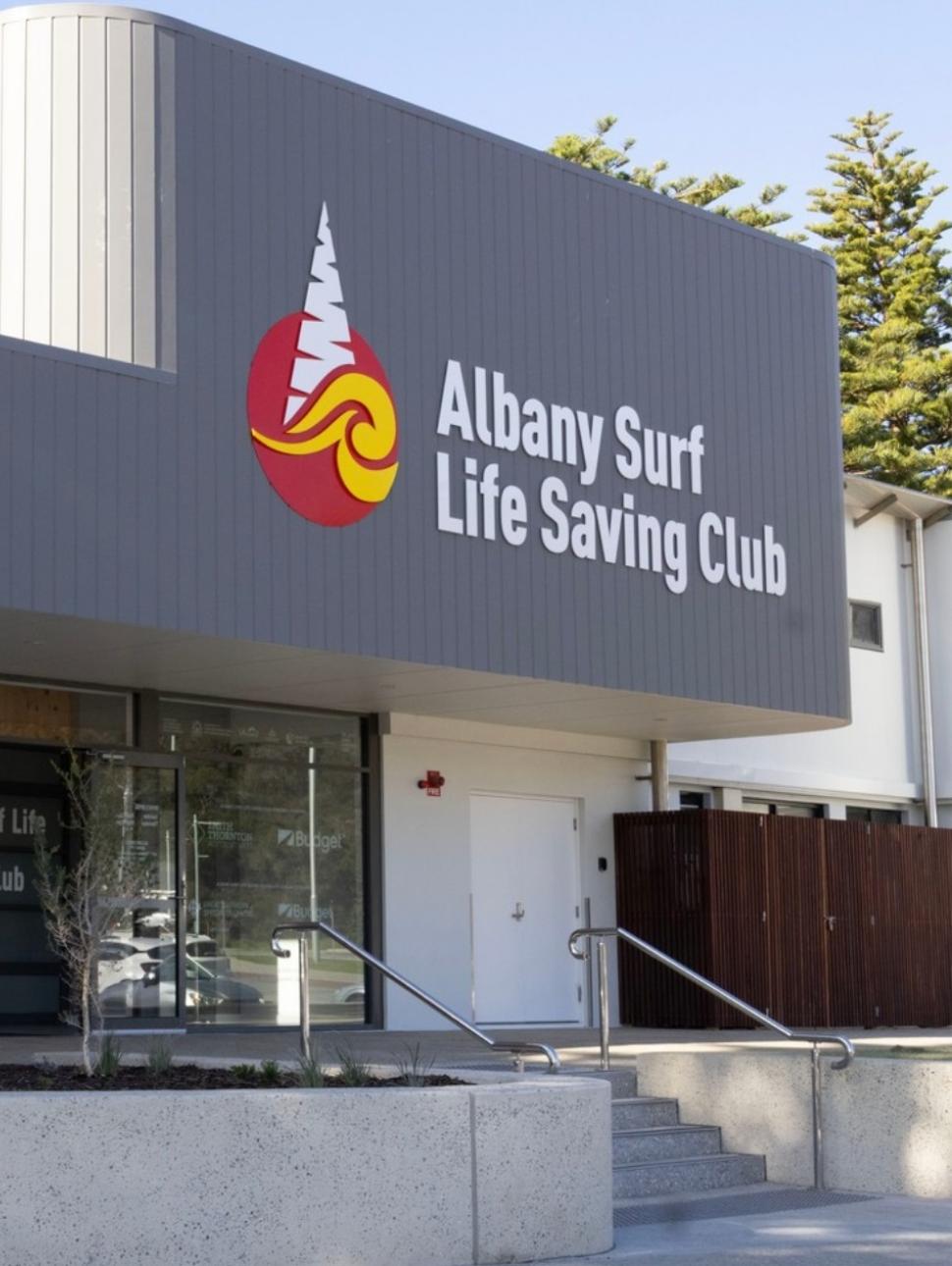 a building with words Albany Surf Life Saving Club written on the entrance