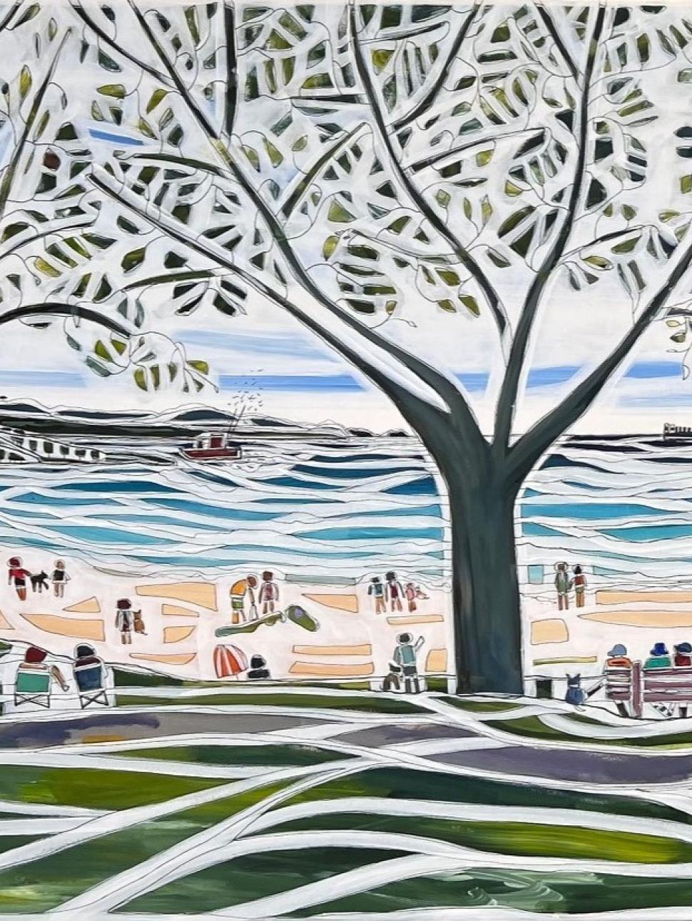 an artwork featuring a seaside sceen with trees, beach, water and people.