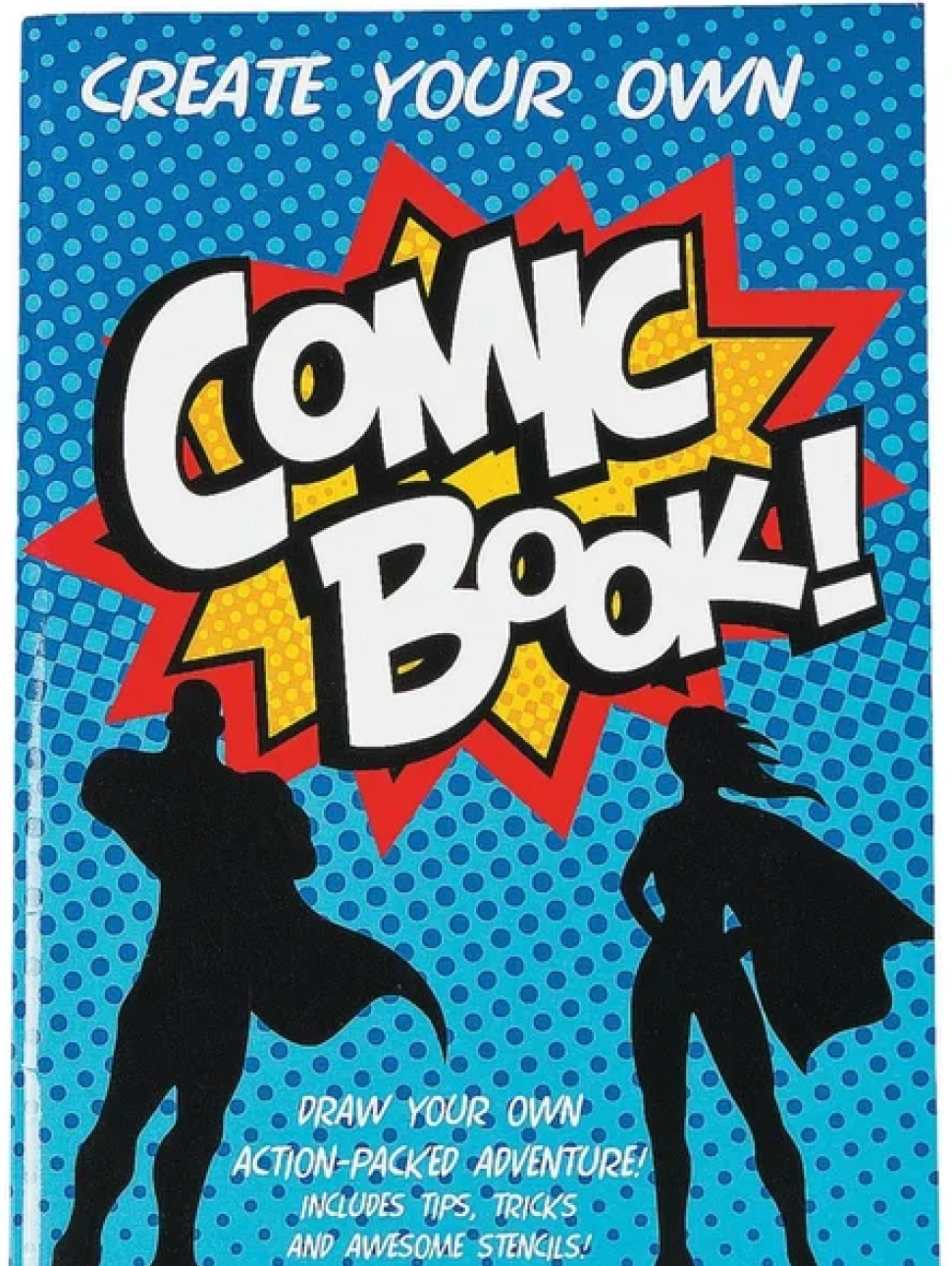 a comic book style words saying creae your own comic book with two superhero characters in silhouette