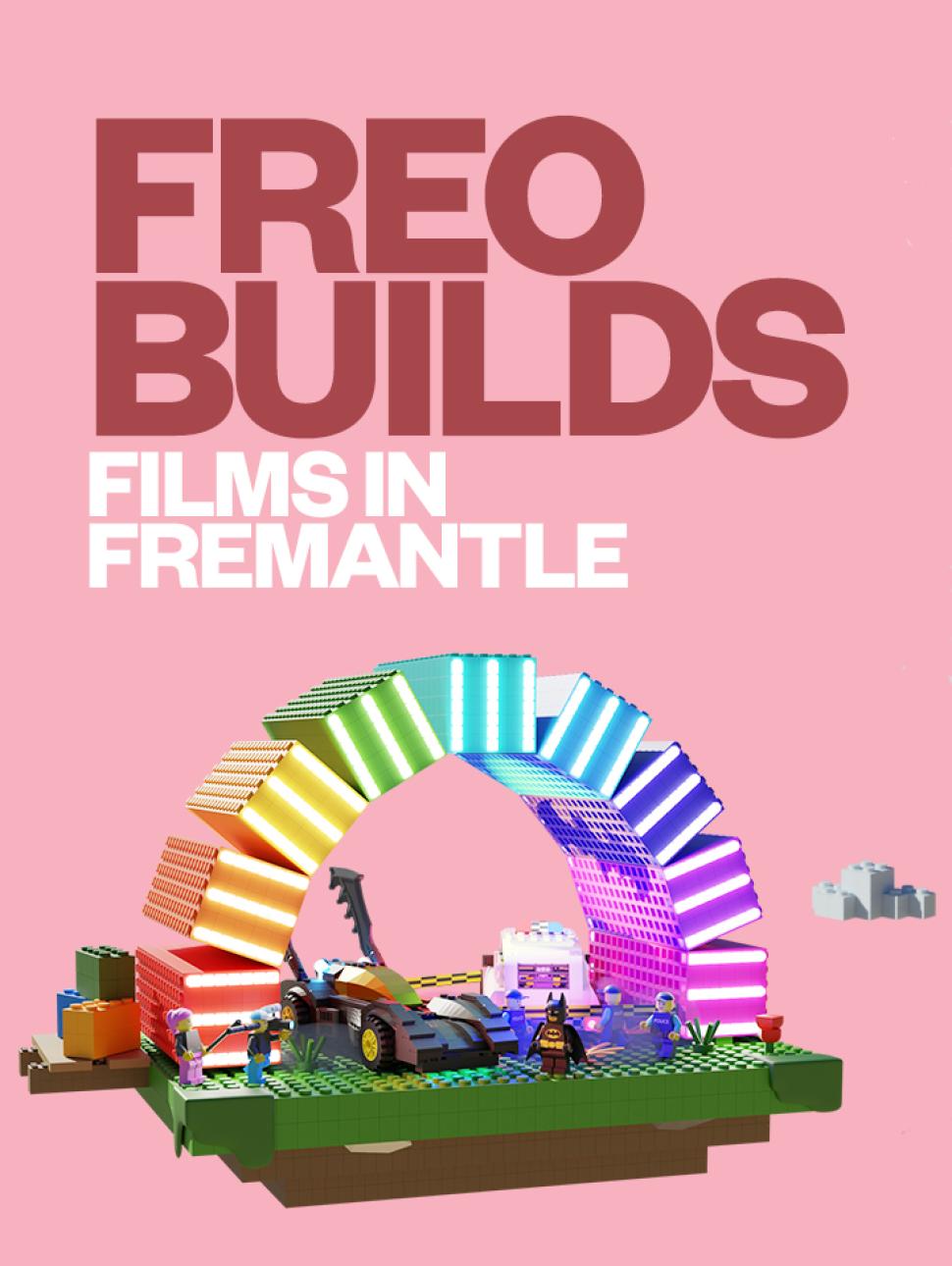 Freo Builds promotional artwork featuring a scene from the Batman movie built from LEGO(R) in front of the iconic Fremantle public artwork Containbow (Artist credit: Marcus Canning)