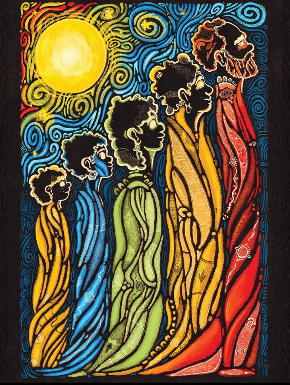 a colourful artwork of people standing next to eachother looking up and each person is incrementally larger