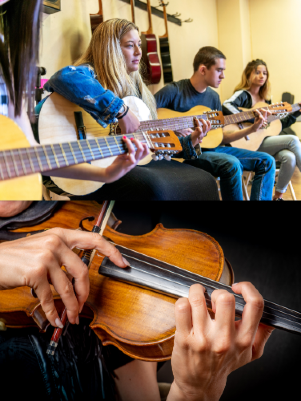 Two composite images showing a group of young people playing guitars and a detail image of the hands of a violiniist.