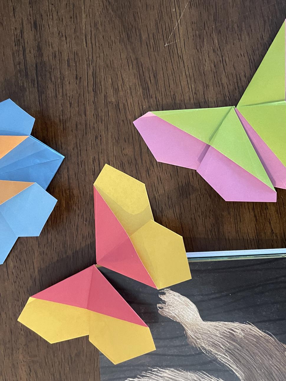 a multi coloured paper folded to butterfly shapes