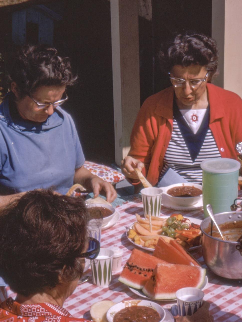 a photo of women around a dining table outdoors preparing food 