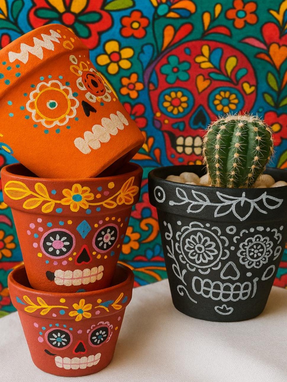 a image of planter pot covered in day of the dead decorations 