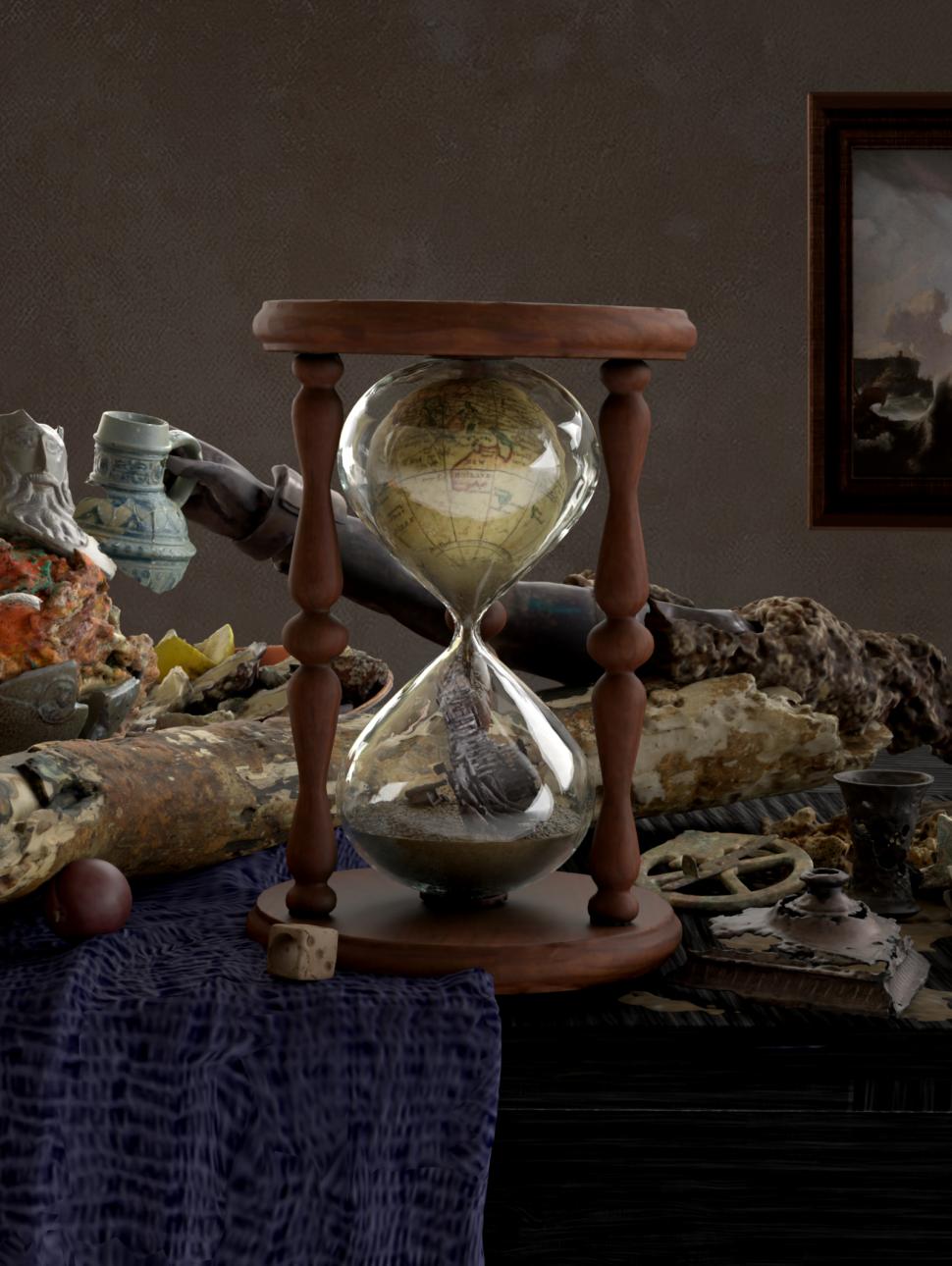 a table with a collection of still life objects from fruit to rocks. hourglass sits in the middle of the table