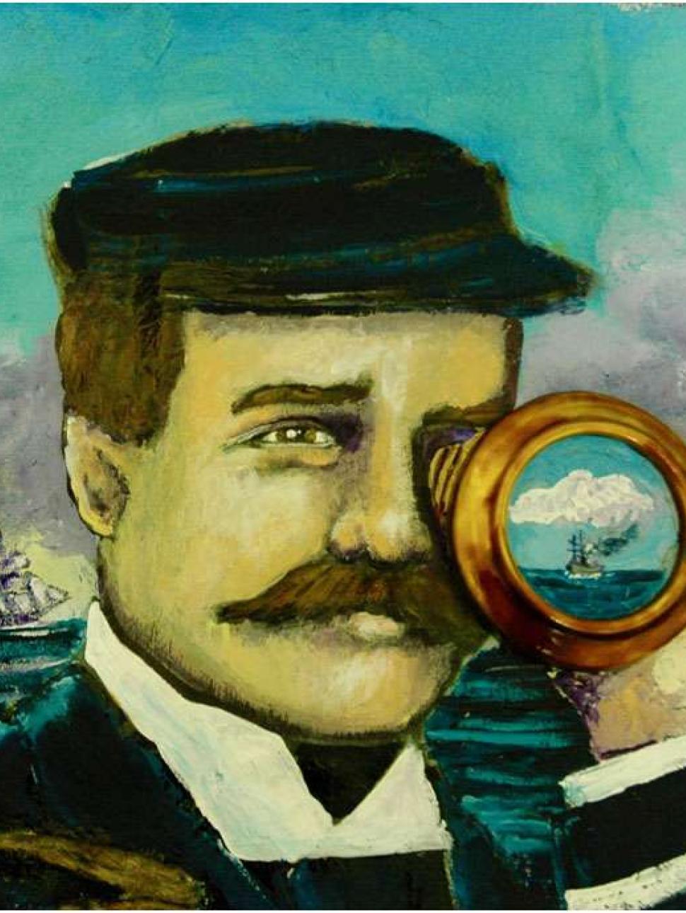 painting of a handsome man with a mustache and cap, holding a telescope, looking out to sea.  