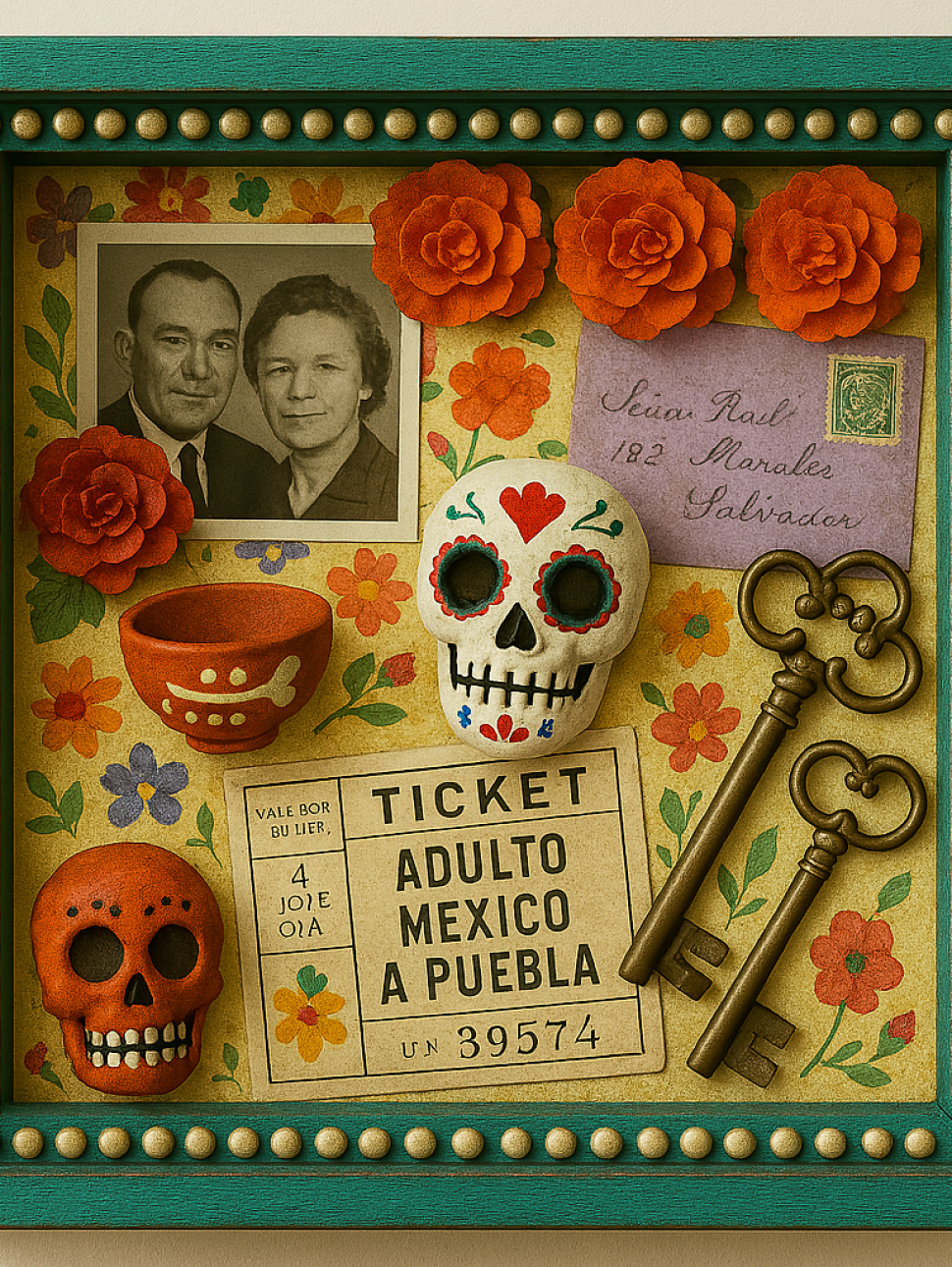 a top view of a keepsake box with mexican culture items inside 