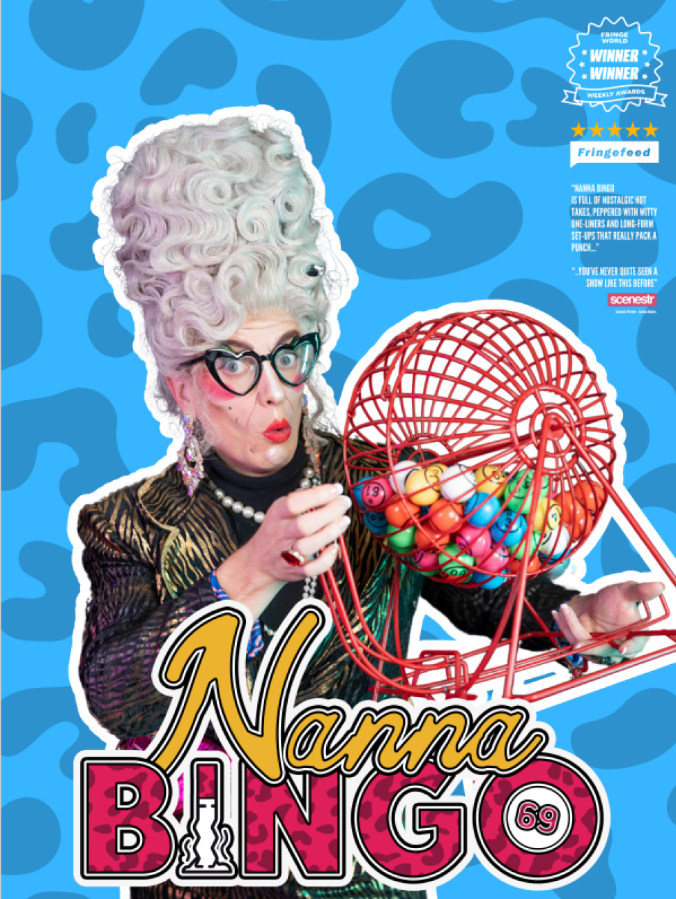 An image of Nanna (drag performer from Nanna Bingo) holding a bingo tumbler wheel with a cheeky and surprised look on her face. Promotional image for Nanna Bingo.