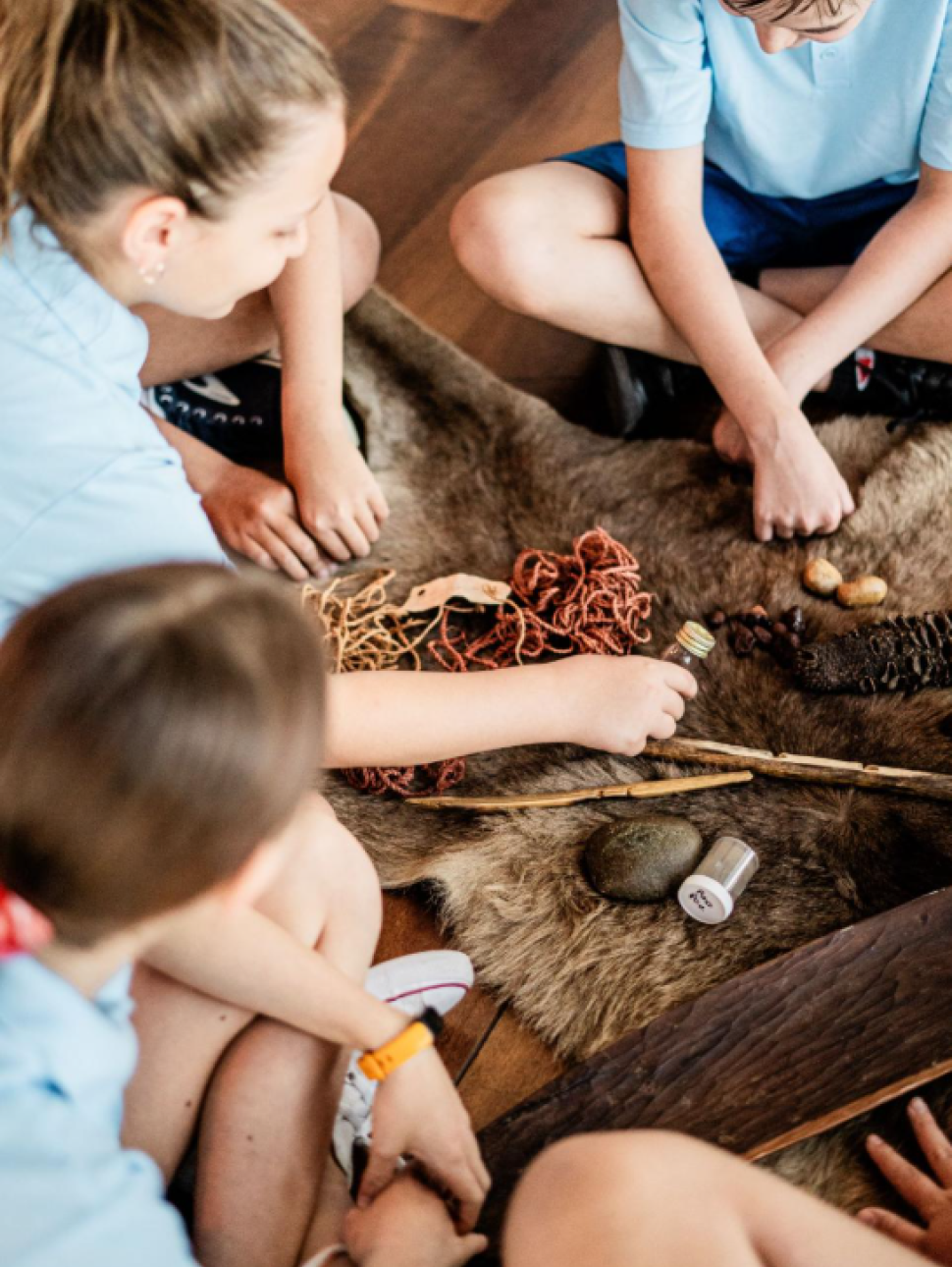 A group of students sits in a circle around a display of cultural artifacts arranged on an animal hide. The collection includes natural fibers, wooden sticks, stones, and small containers, representing traditional tools and materials. The setting suggests an interactive learning activity focused on Indigenous knowledge, history, or cultural practices, encouraging hands-on engagement and discussion.