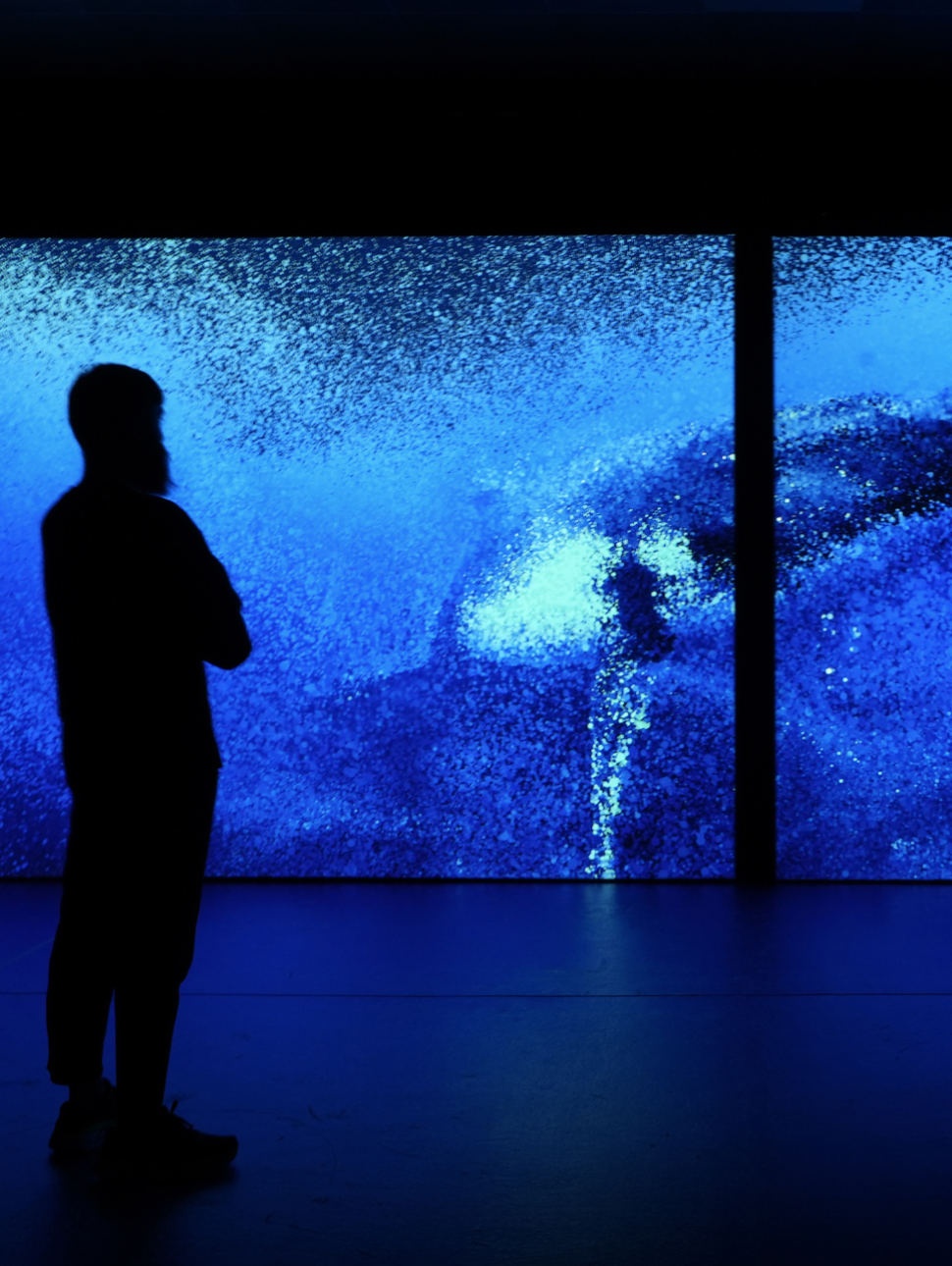 A person stands in silhouette before two large screens displaying a vivid blue underwater scene