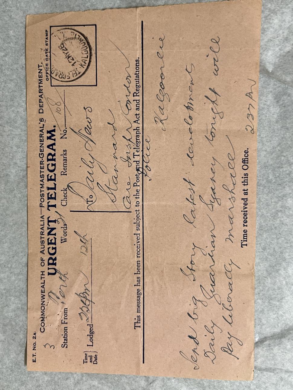 a historical telegram from 1926