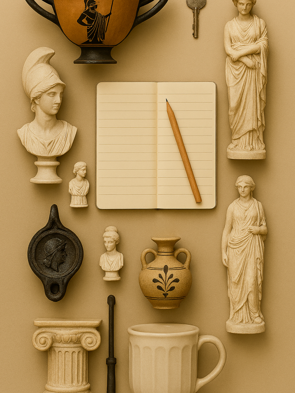 various ancient greece museum type objects with household objects like pencil and papers and house key all seen from a top birds eye view