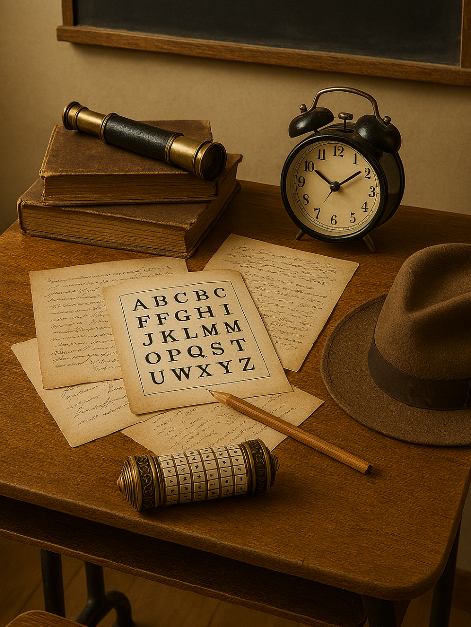 a 1920s school desk with a cryptex puzzle, papers and pencil, a telescope, books, an alarm clock and a hat