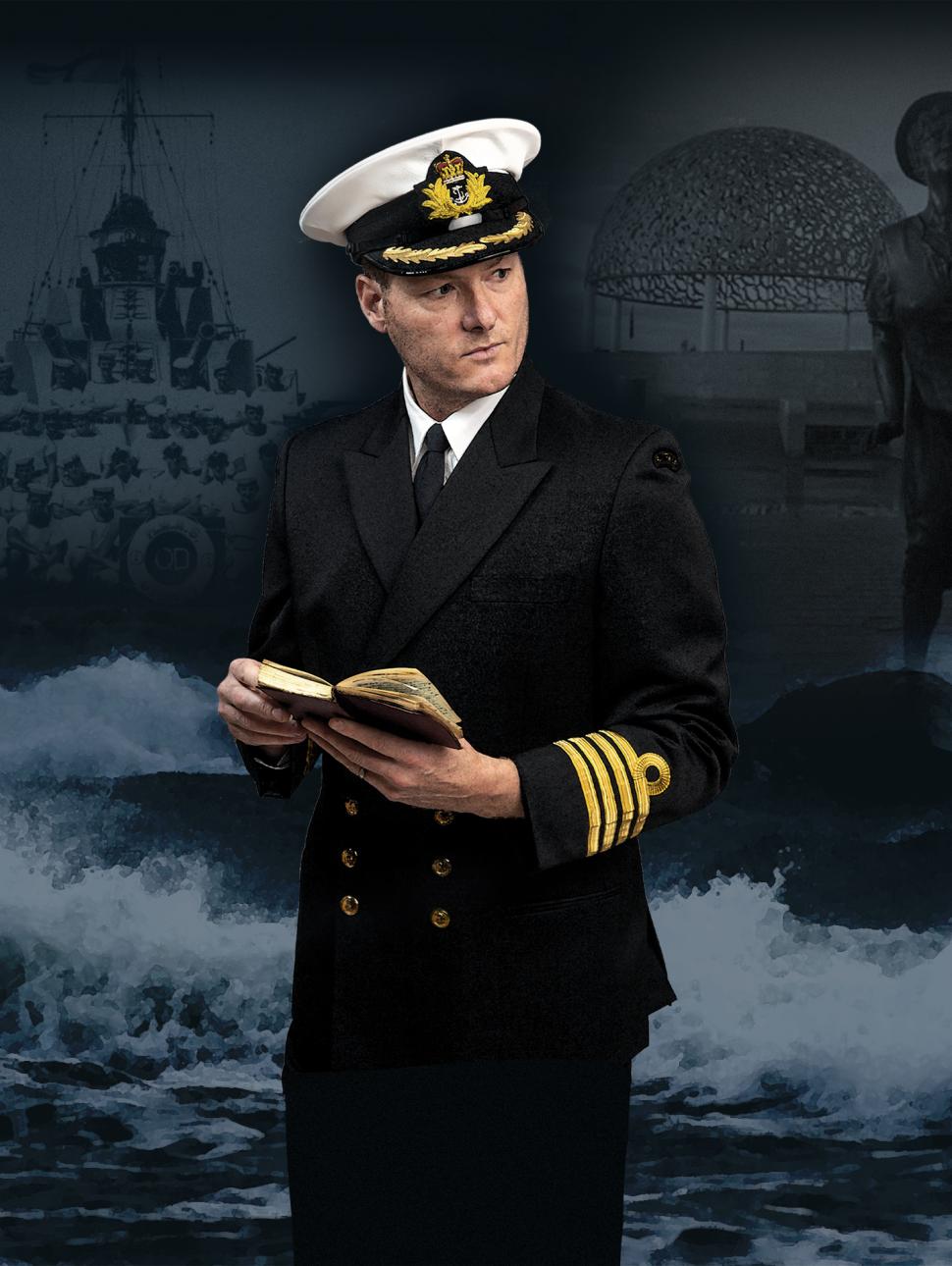 an adult person dressed in a sailor captains outfit and some waves graphics behind them