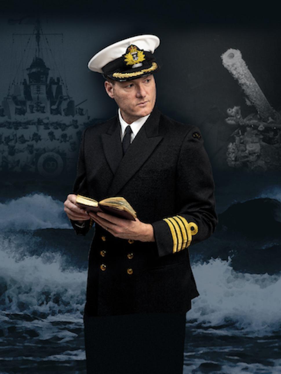 an adult person dressed in a sailor captains outfit and some waves graphics behind them