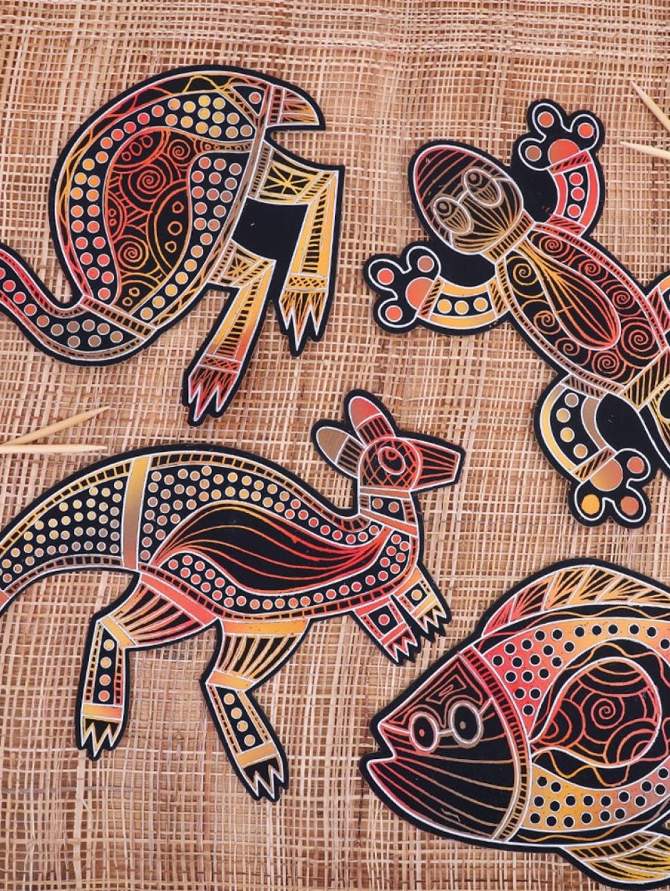 an illustrated image of aboriginal animals and the patterns they make in the night sky from constellations