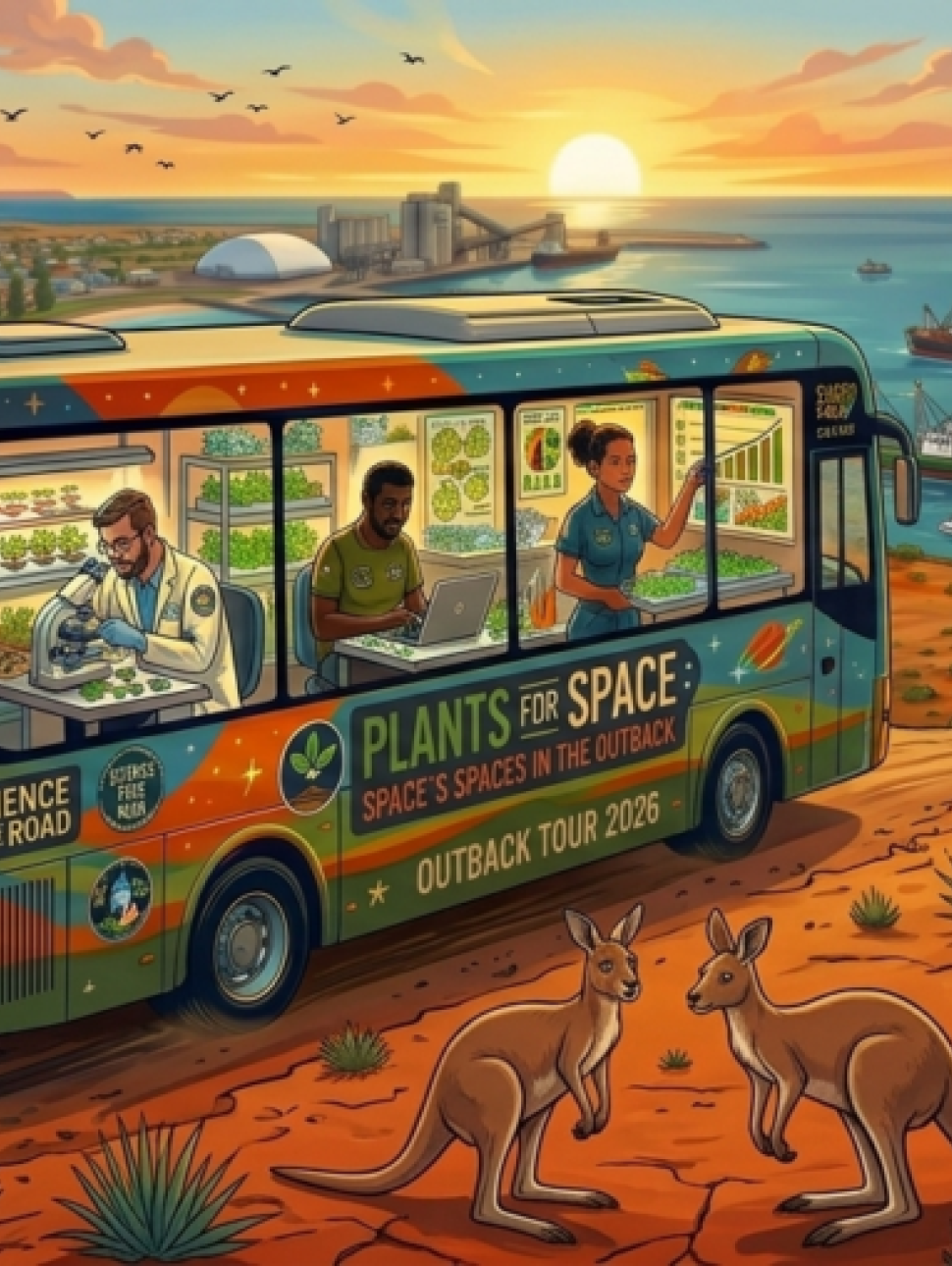 an illustrated image of a bus with the words plants for space on the side. it is driving through the outback with some native wildlife and plants 