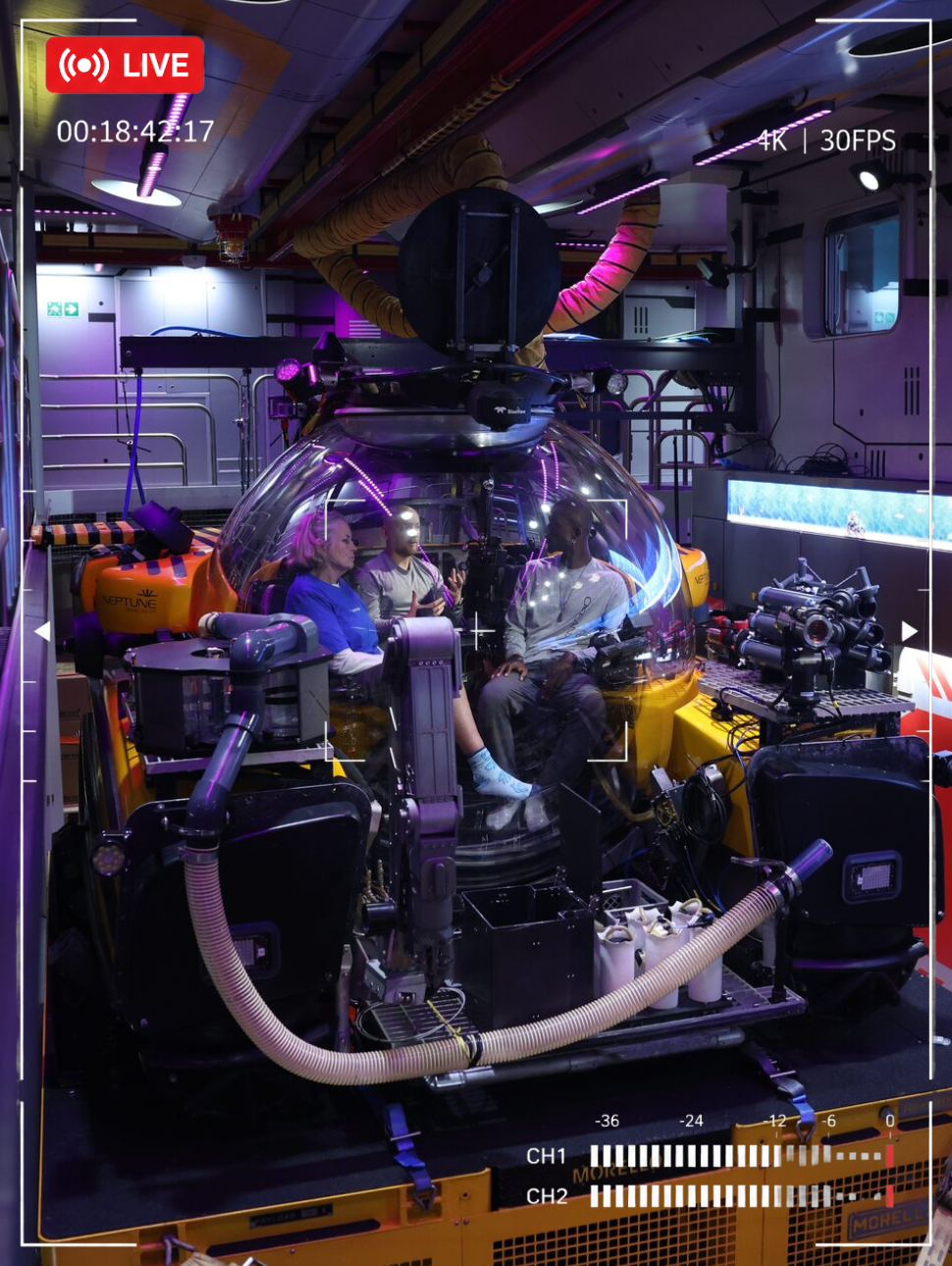 OceanXplorer Research Vessel with people in a submersible. 